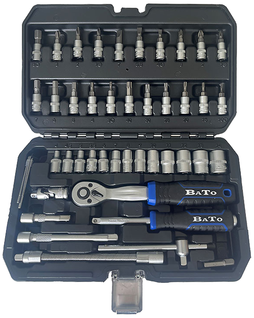 Topnøglesæt 1/4" 4-14mm + bitstoppe, 46 dele