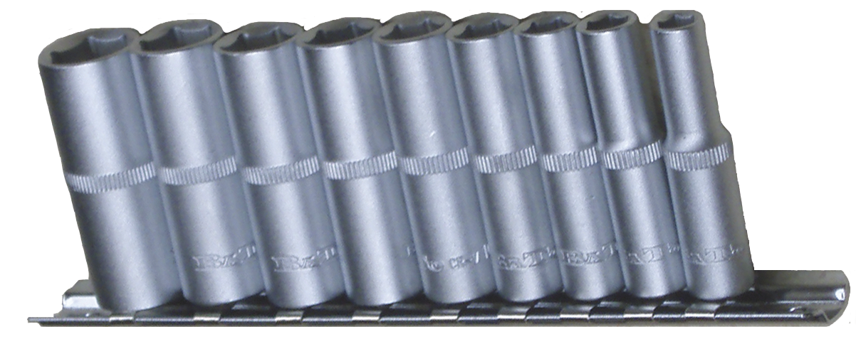 Topsæt 1/4" lange toppe 6-14mm, 9stk i metalskinne